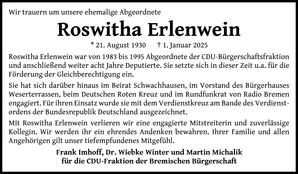 Traueranzeige von Rowitha Erlenwein von WESER-KURIER