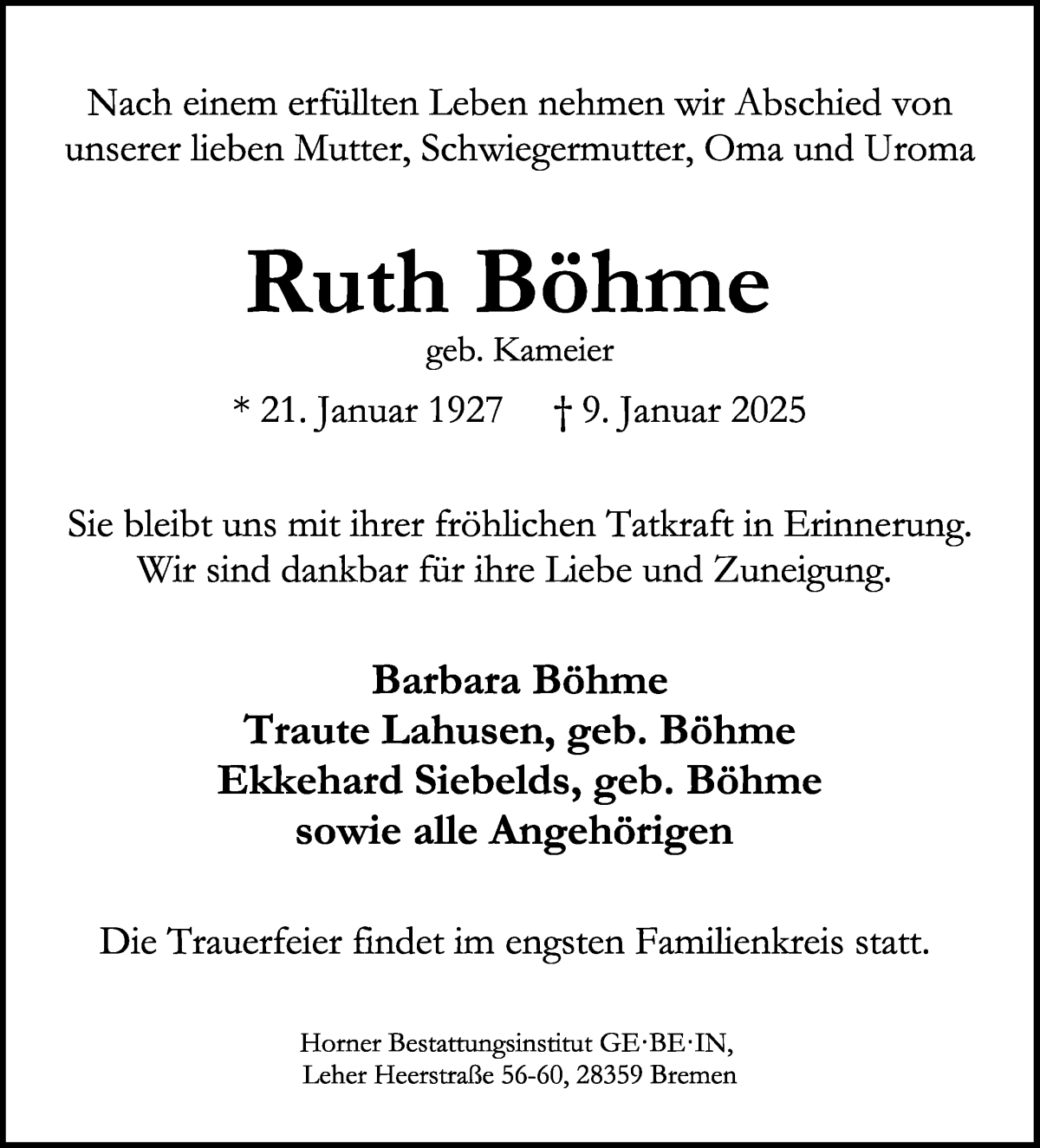 Traueranzeige von Ruth Böhme von WESER-KURIER