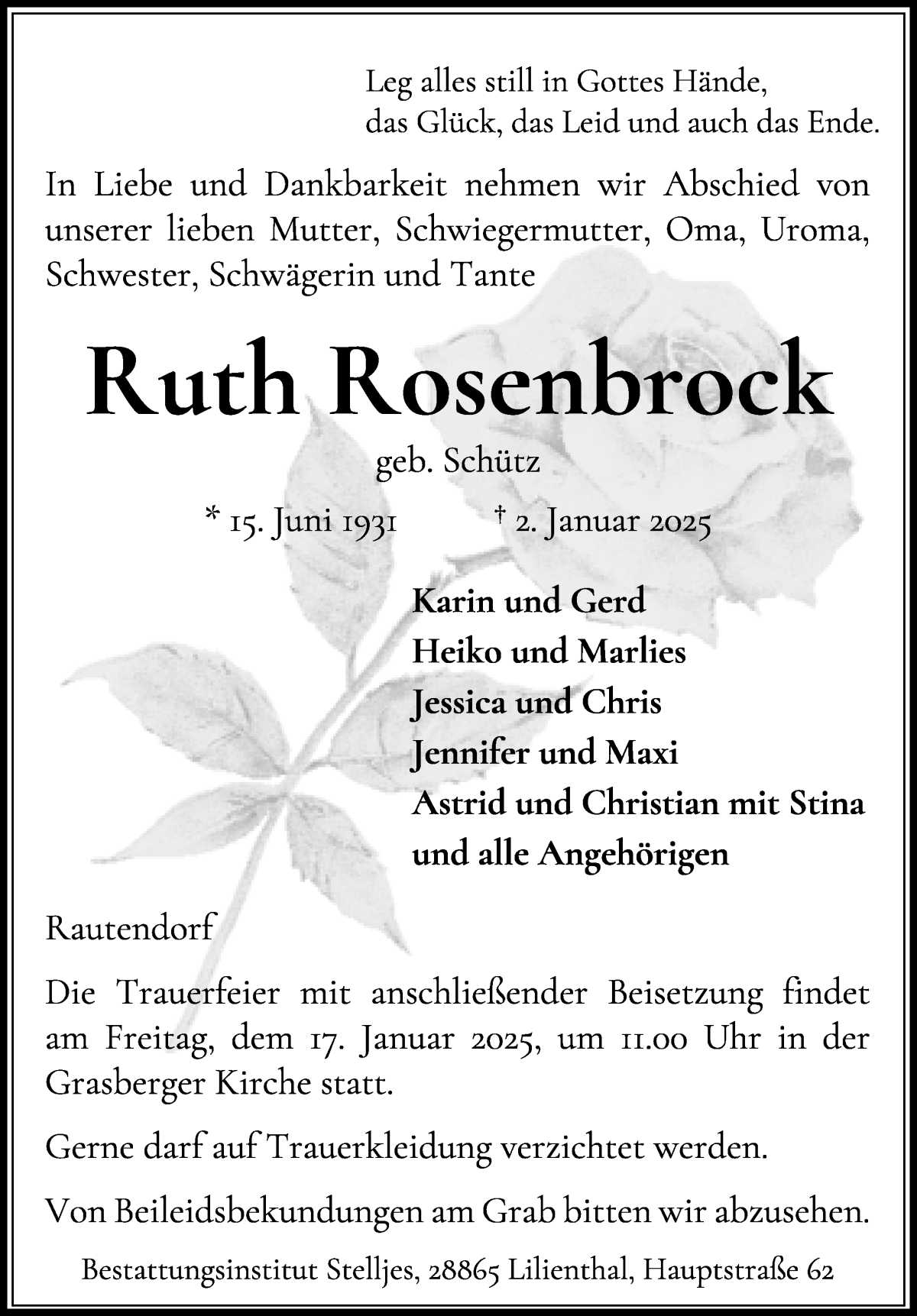 Traueranzeige von Ruth Rosenbrock von Wuemme Zeitung