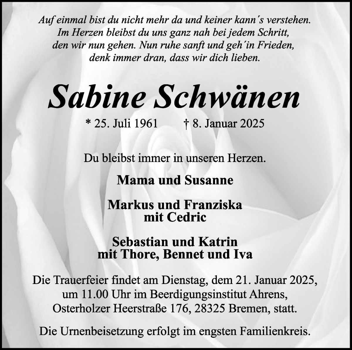 Traueranzeige von Sabine Schwänen von WESER-KURIER