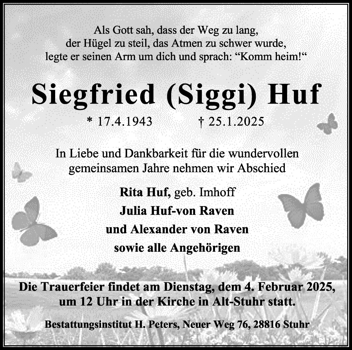 Traueranzeige von Siegfried Huf von Regionale Rundschau/Syker Kurier