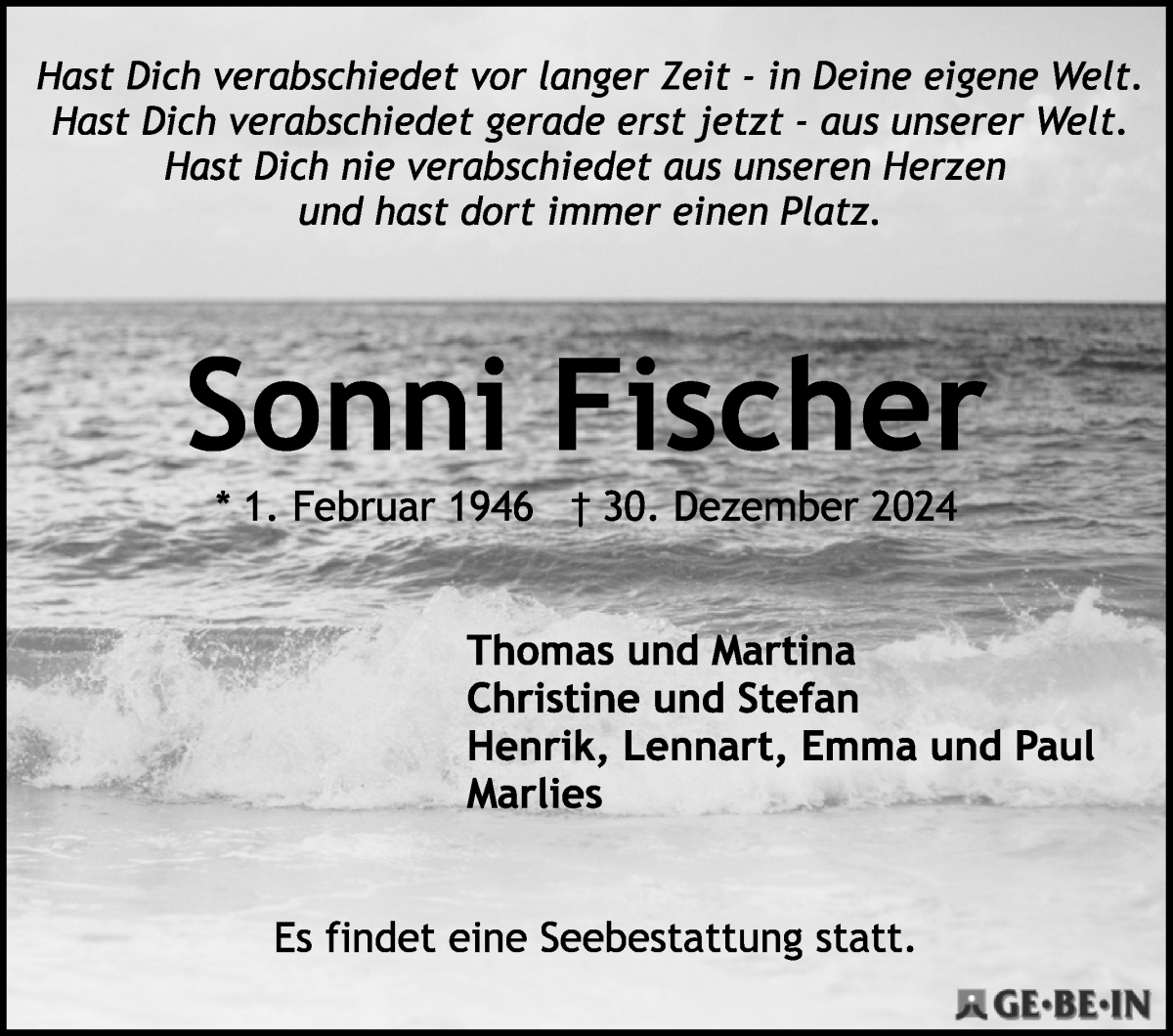 Traueranzeige von Sonni Fischer von WESER-KURIER