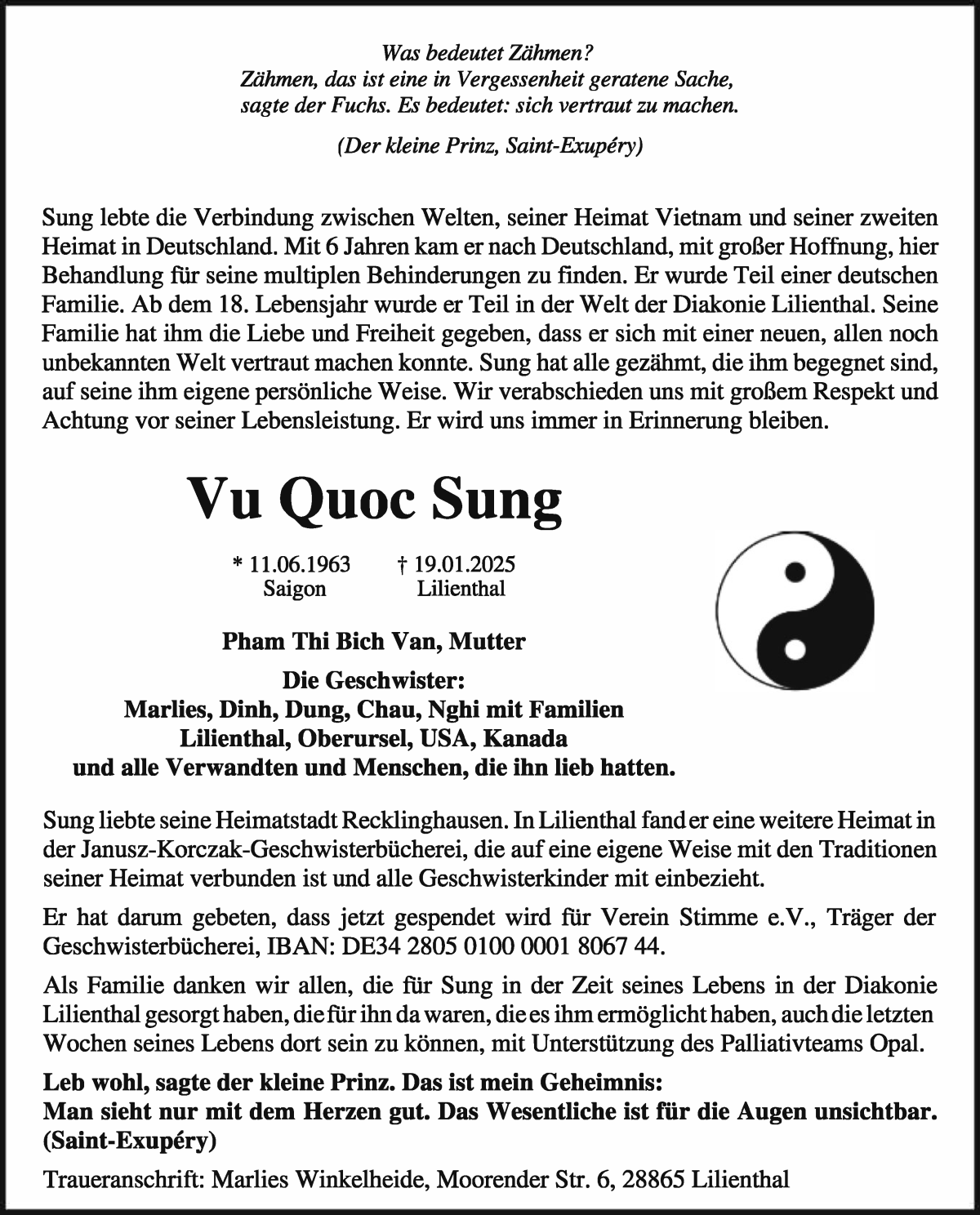 Traueranzeige von Vu Quoc Sung von Wuemme Zeitung