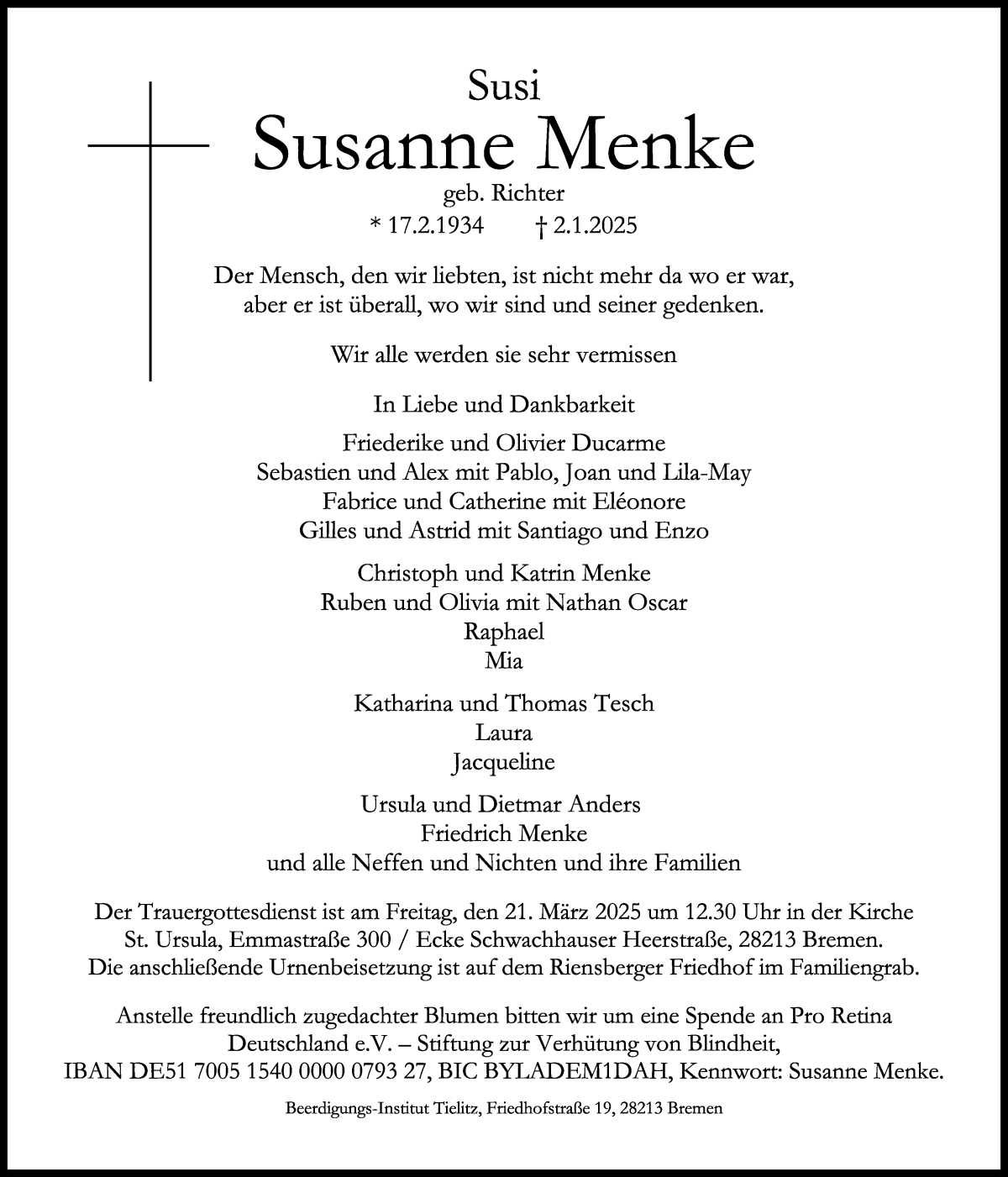 Traueranzeige von Susanne Menke von WESER-KURIER