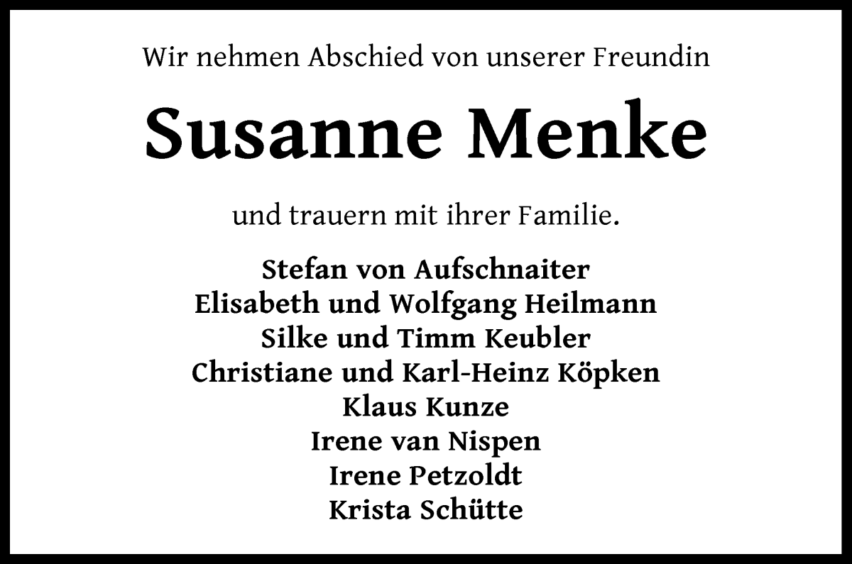 Traueranzeige von Susanne Menke von WESER-KURIER