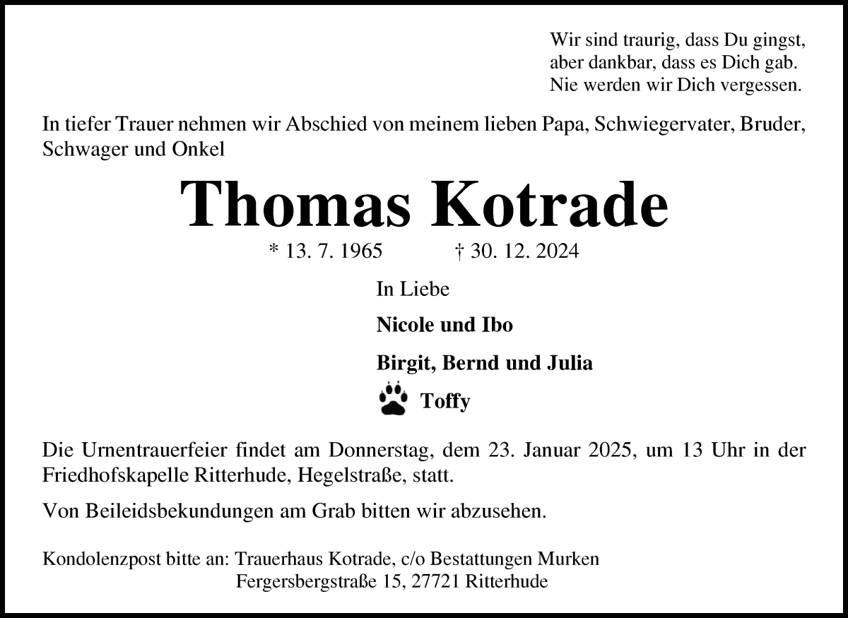 Traueranzeige von Thomas Kotrade von Osterholzer Kreisblatt