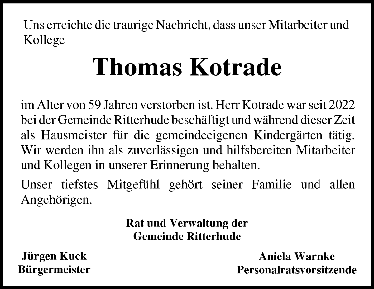 Traueranzeige von Thomas Kotrade von Osterholzer Kreisblatt