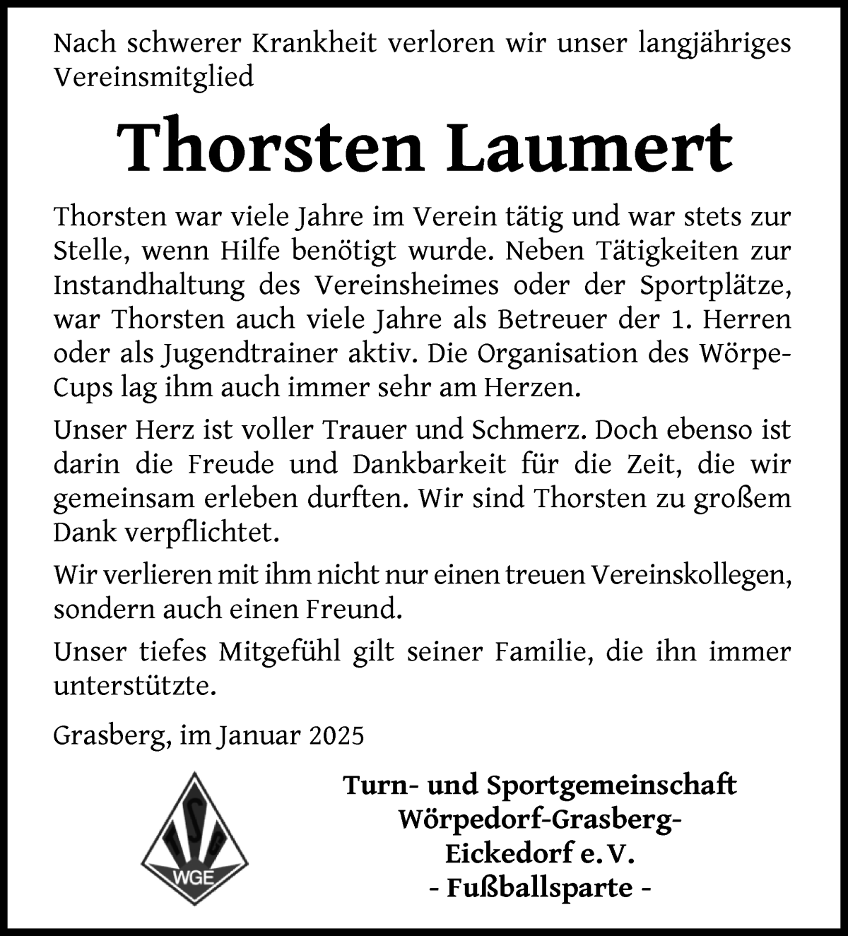 Traueranzeige von Thorsten Laumert von Wuemme Zeitung