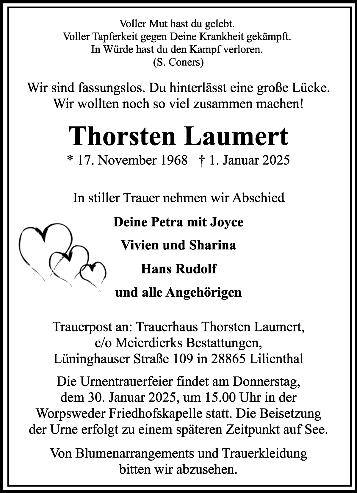 Traueranzeige von Thorsten Laumert von Wuemme Zeitung
