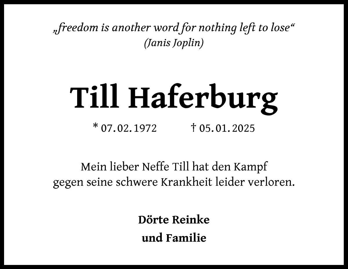 Traueranzeige von Till Haferburg von Wuemme Zeitung