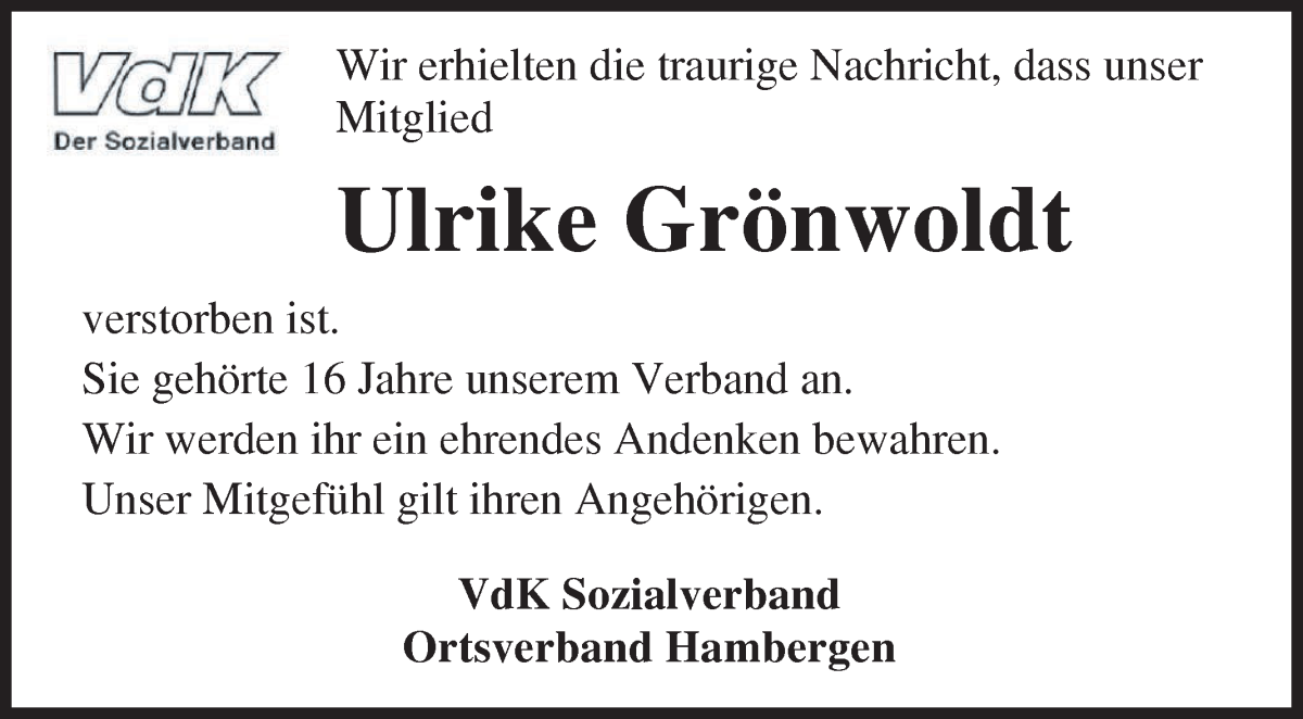 Traueranzeige von Ulrike Grönwoldt von Osterholzer Kreisblatt