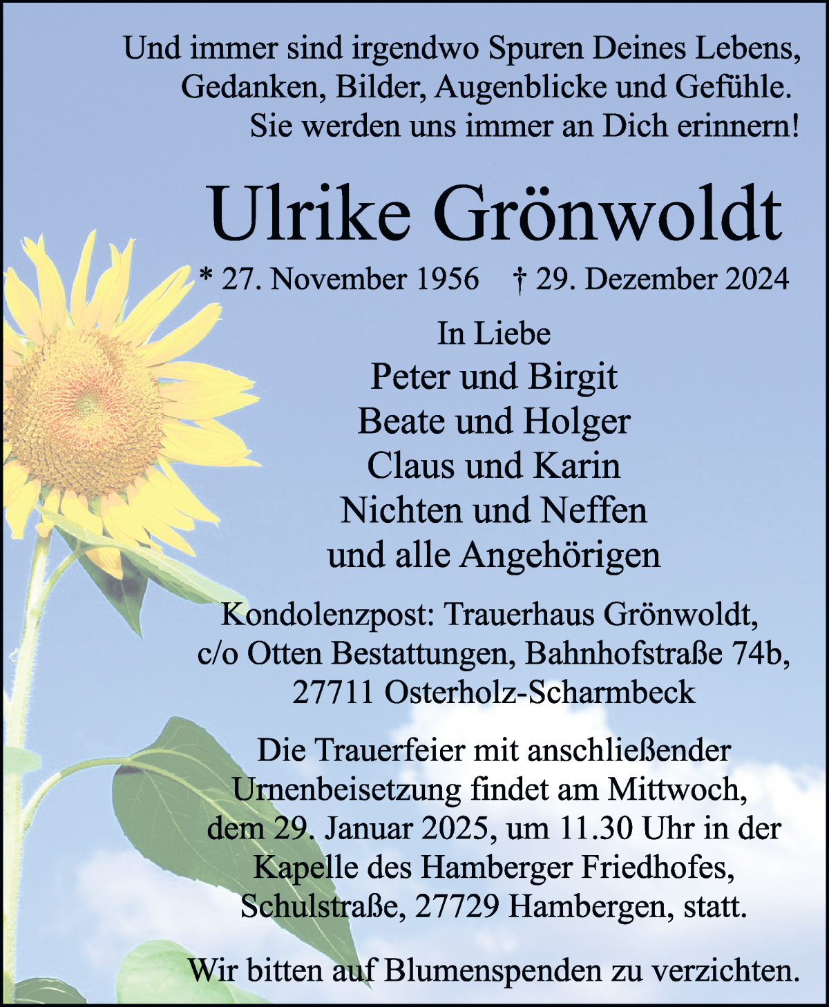 Traueranzeige von Ulrike Grönwoldt von Osterholzer Kreisblatt