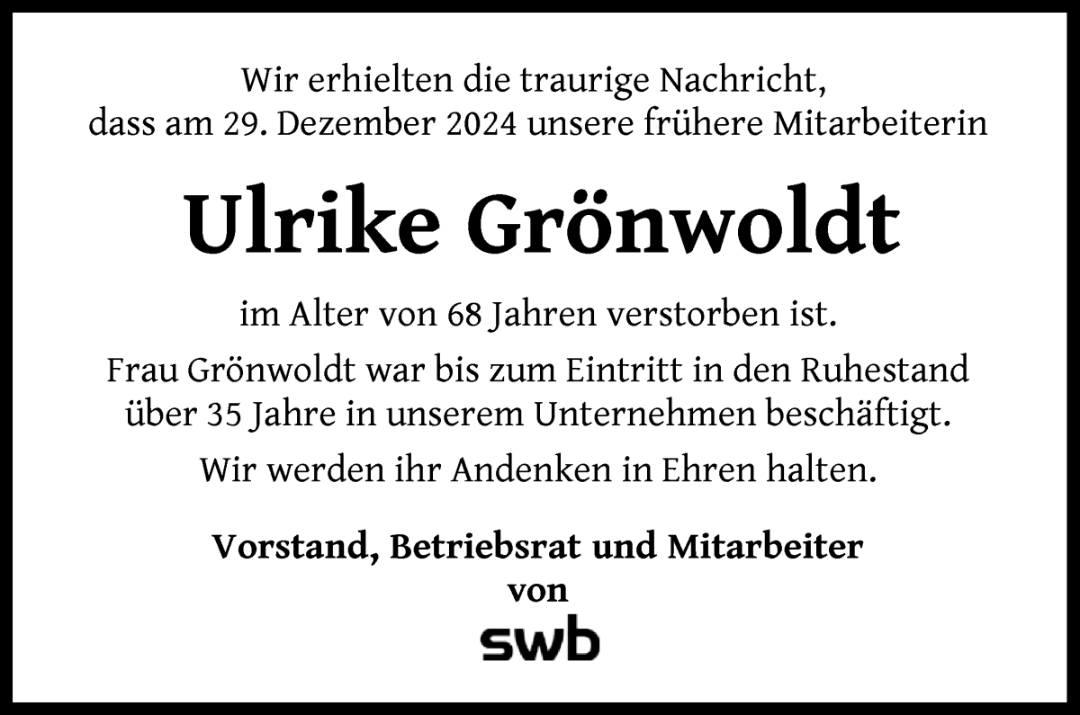 Traueranzeige von Ulrike Grönwoldt von WESER-KURIER