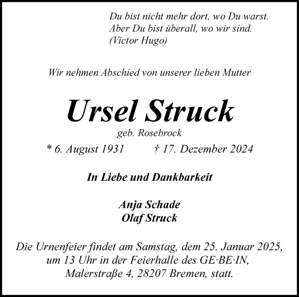 Traueranzeige von Ursel Struck von WESER-KURIER