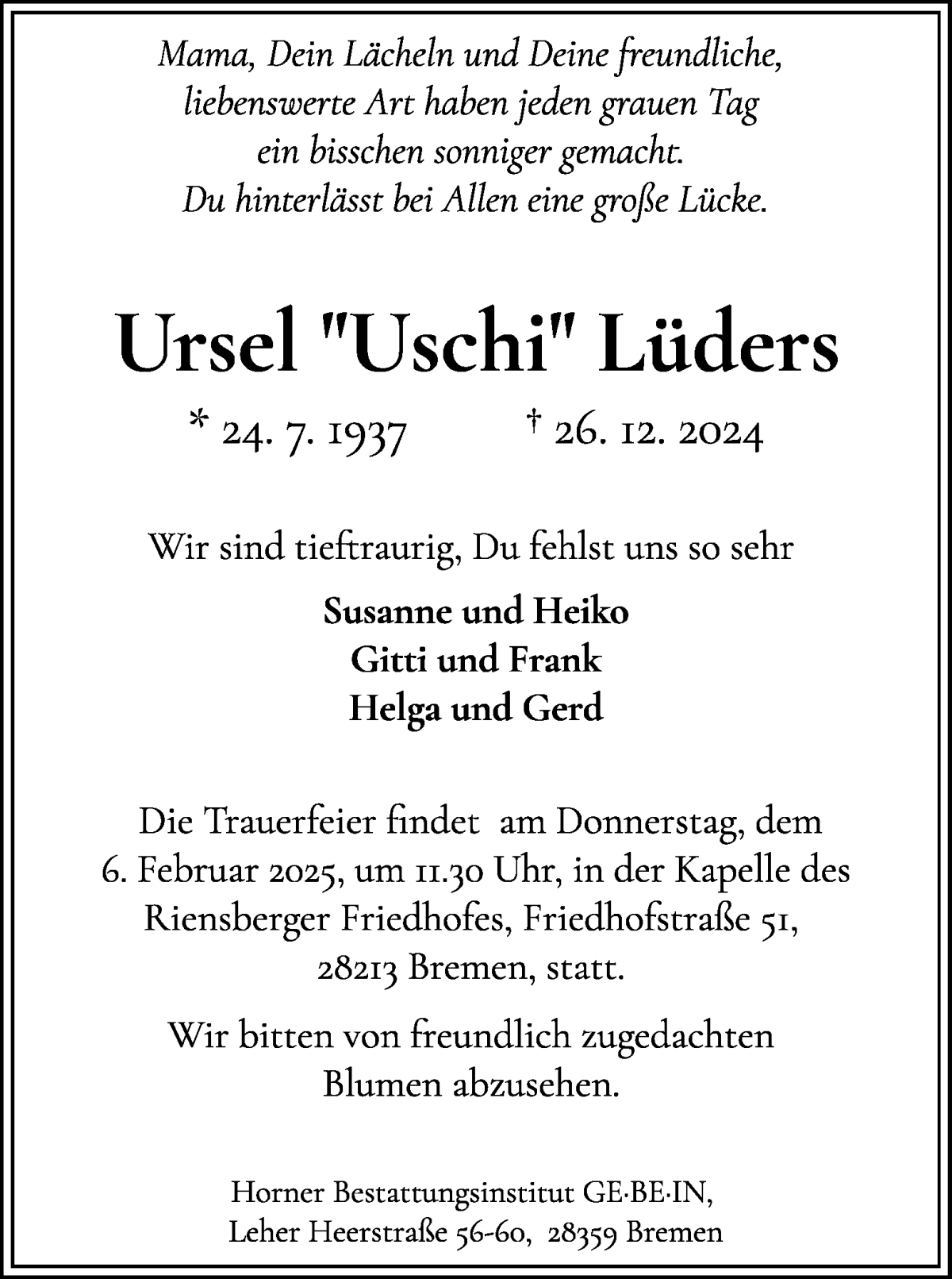 Traueranzeige von Ursel Uschi Lüders von WESER-KURIER