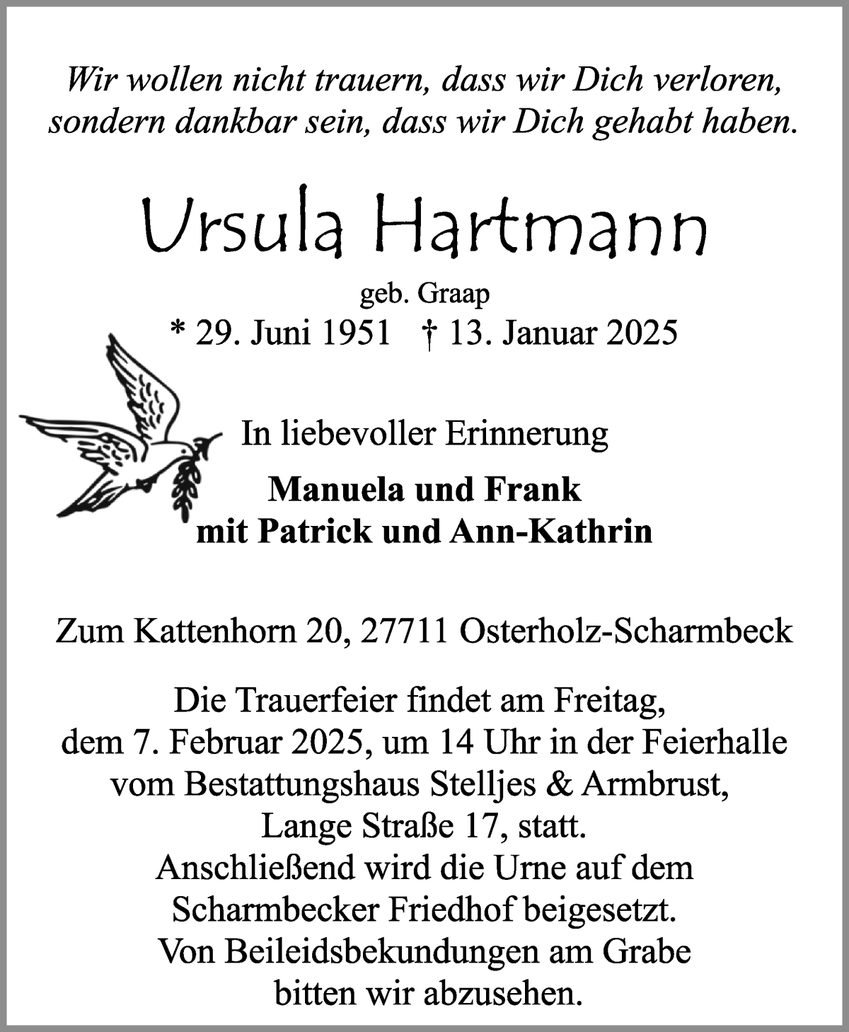 Traueranzeige von Ursula Hartmann von Osterholzer Kreisblatt