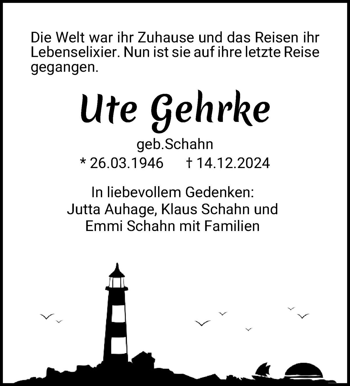 Traueranzeige von Ute Gehrke von Die Norddeutsche