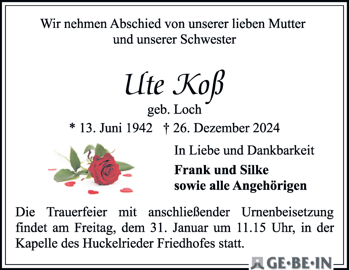 Traueranzeige von Ute Koß von WESER-KURIER