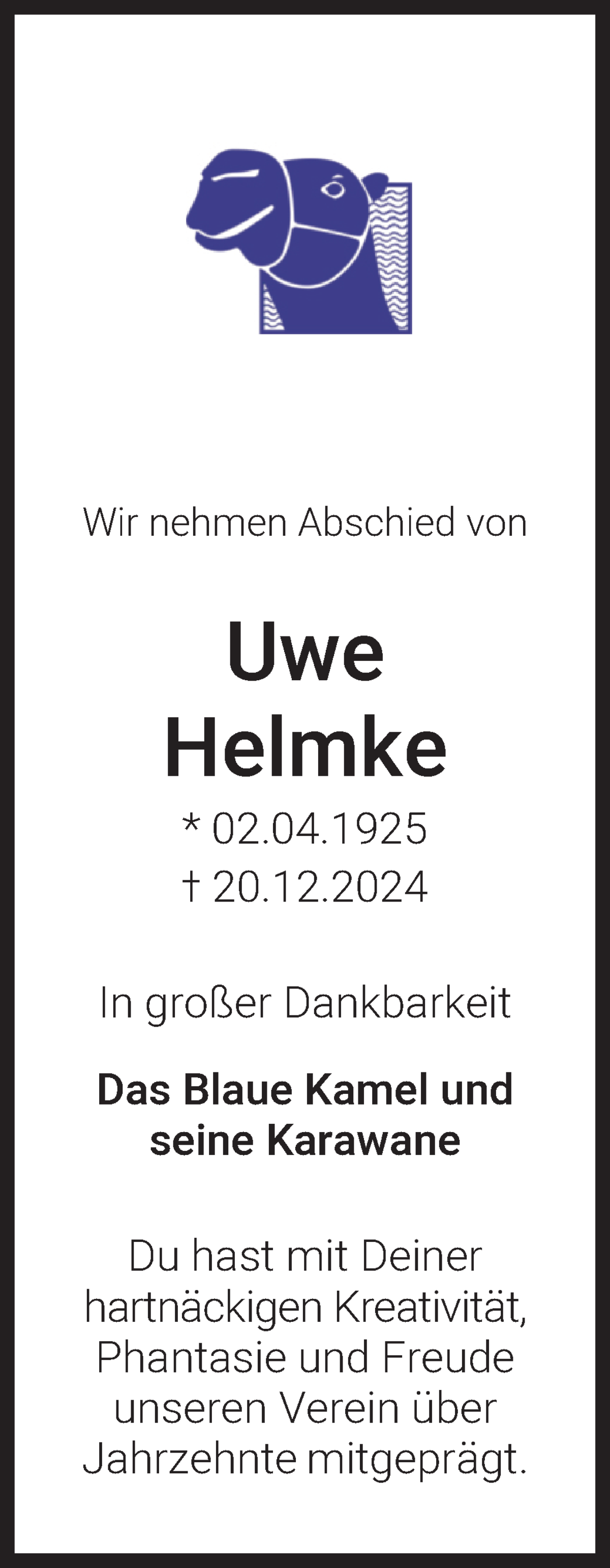 Traueranzeige von Uwe Helmke von WESER-KURIER