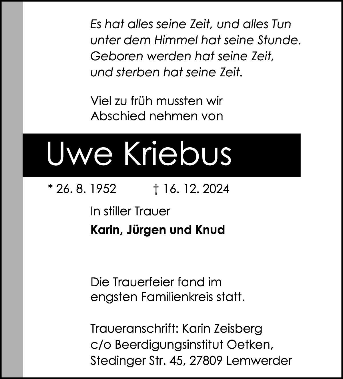 Traueranzeige von Uwe Kriebus von Die Norddeutsche
