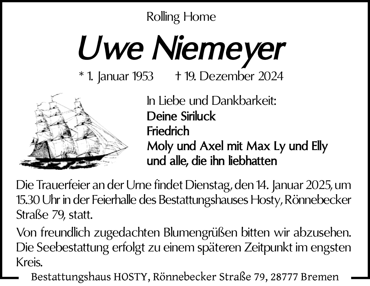 Traueranzeige von Uwe Niemeyer von Die Norddeutsche