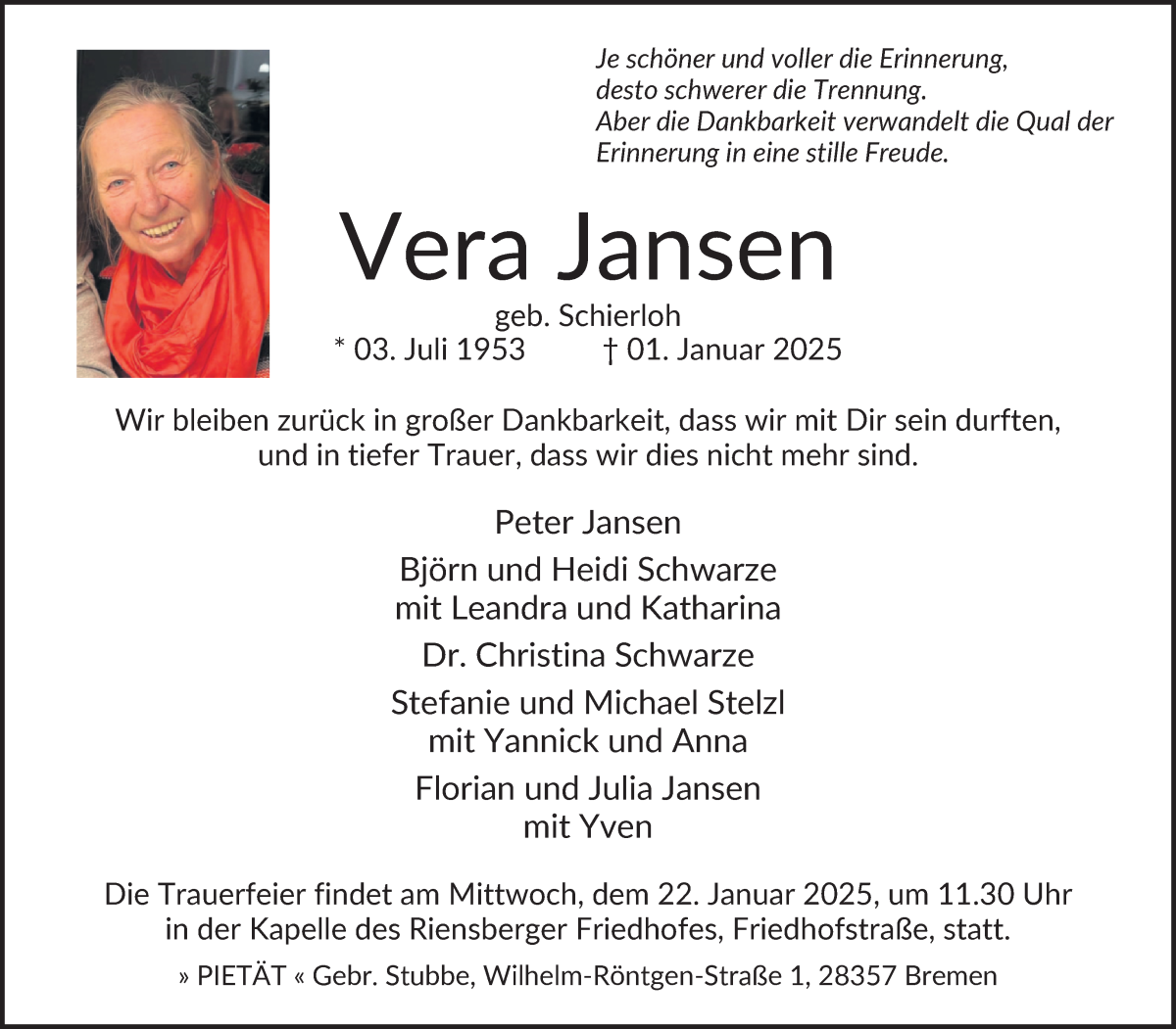 Traueranzeige von Vera Jansen von WESER-KURIER