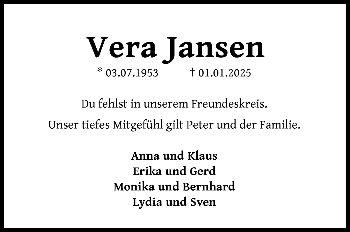 Traueranzeige von Vera Jansen von WESER-KURIER