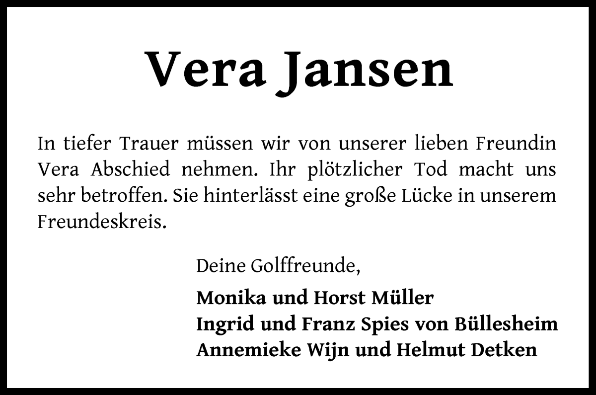Traueranzeige von Vera Jansen von WESER-KURIER