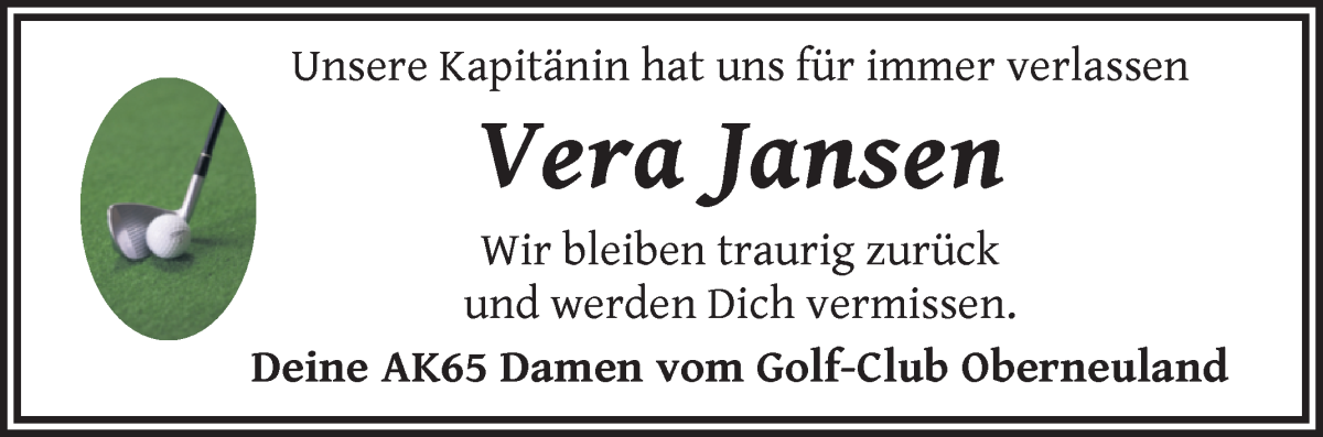 Traueranzeige von Vera Janssen von WESER-KURIER