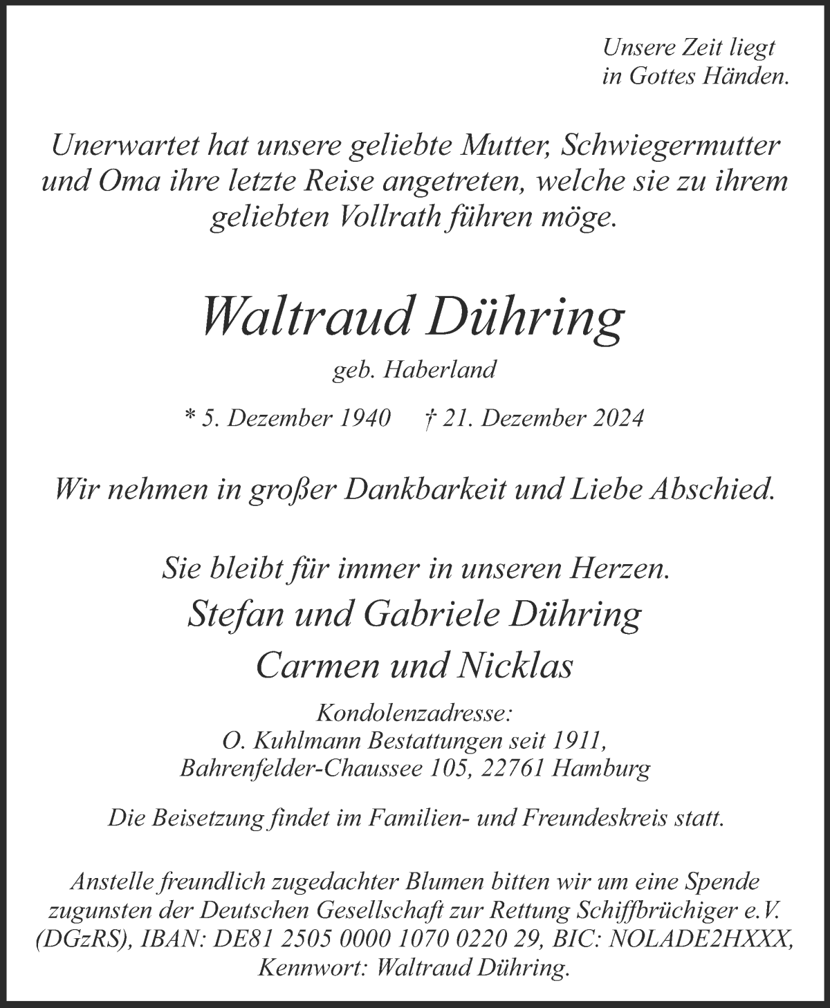 Traueranzeige von Waltraud Dühring von WESER-KURIER