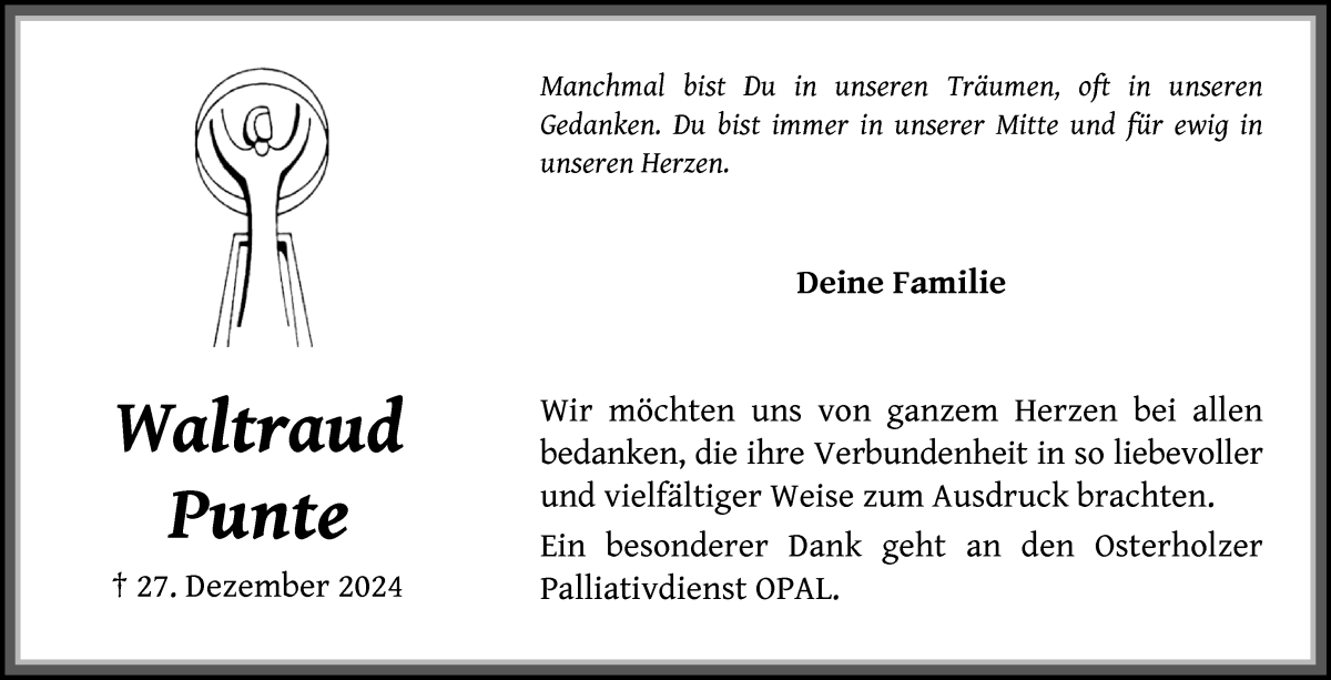 Traueranzeige von Waltraud Punte von Die Norddeutsche
