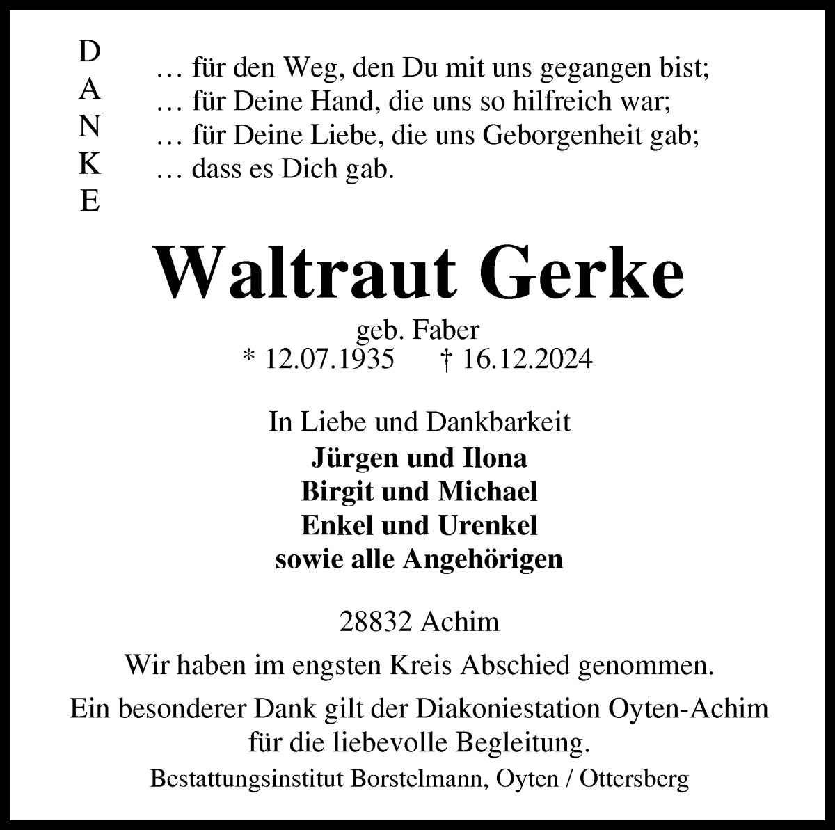 Traueranzeige von Waltraut Gerke von WESER-KURIER