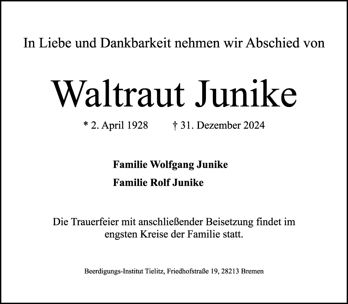 Traueranzeige von Waltraut Junike von WESER-KURIER
