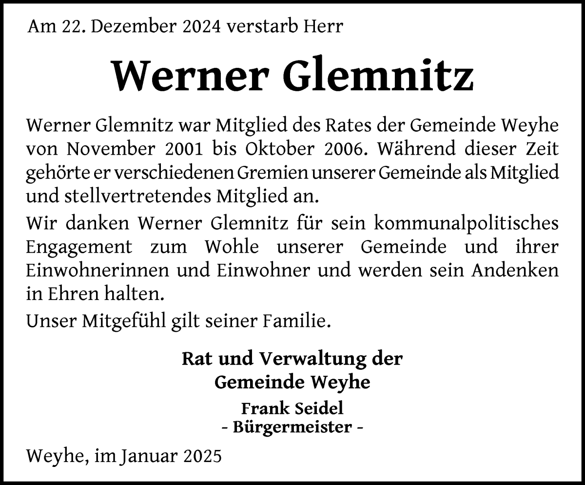 Traueranzeige von Werner Glemnitz von Regionale Rundschau/Syker Kurier