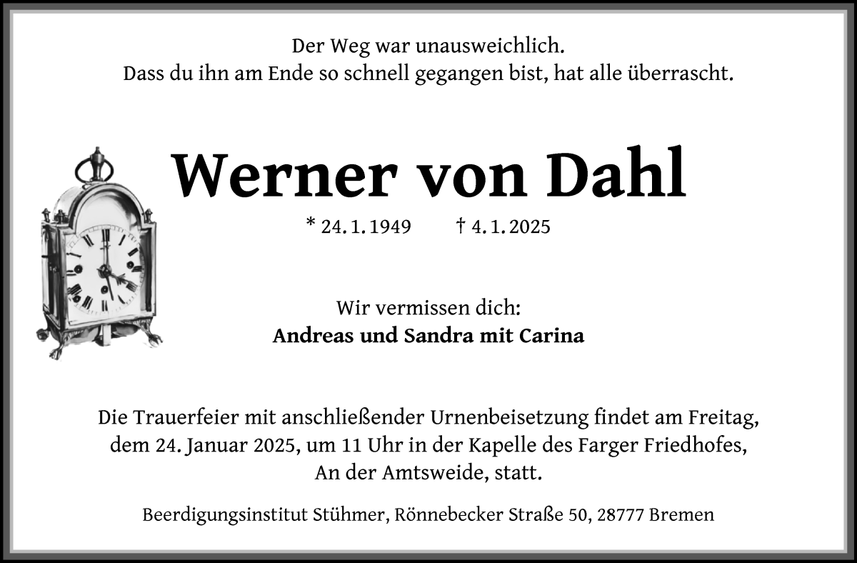 Traueranzeige von Werner von Dahl von Die Norddeutsche
