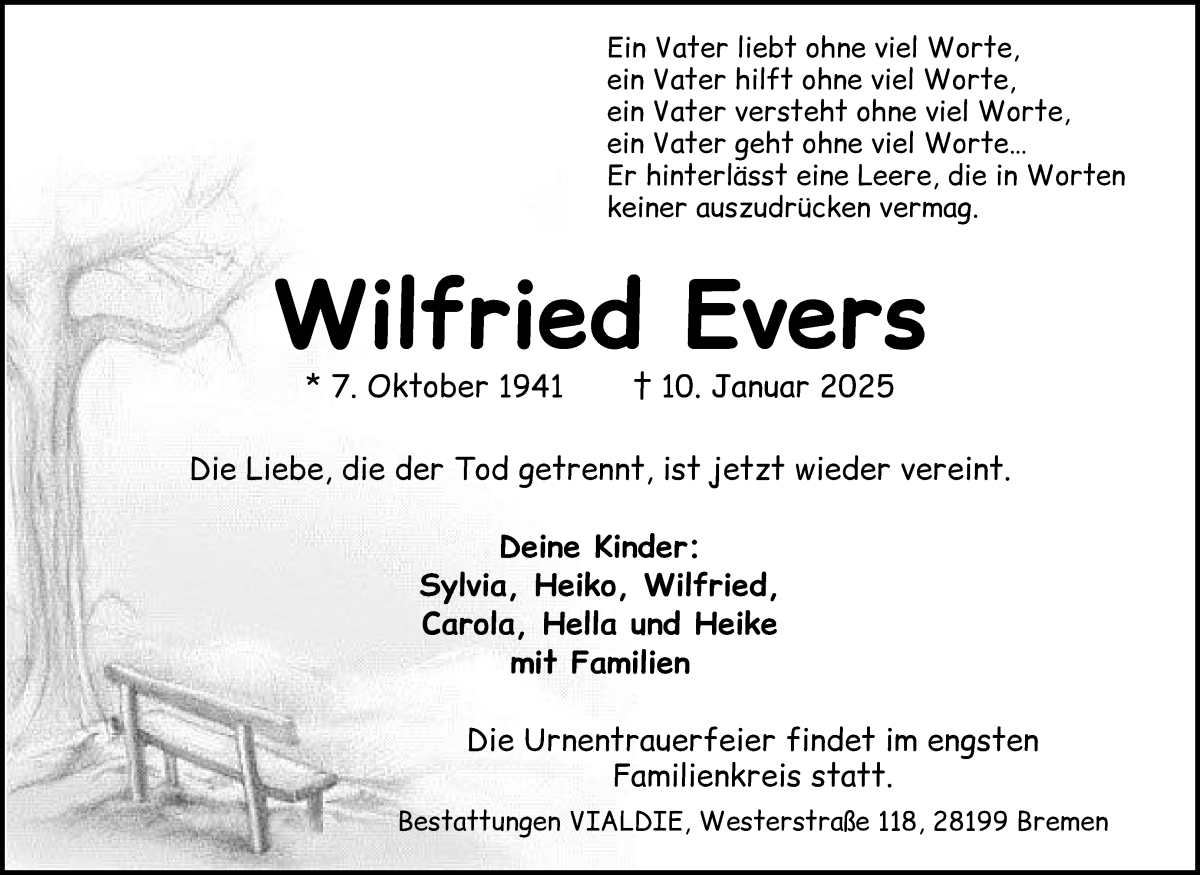 Traueranzeige von Wilfried Evers von Wuemme Zeitung