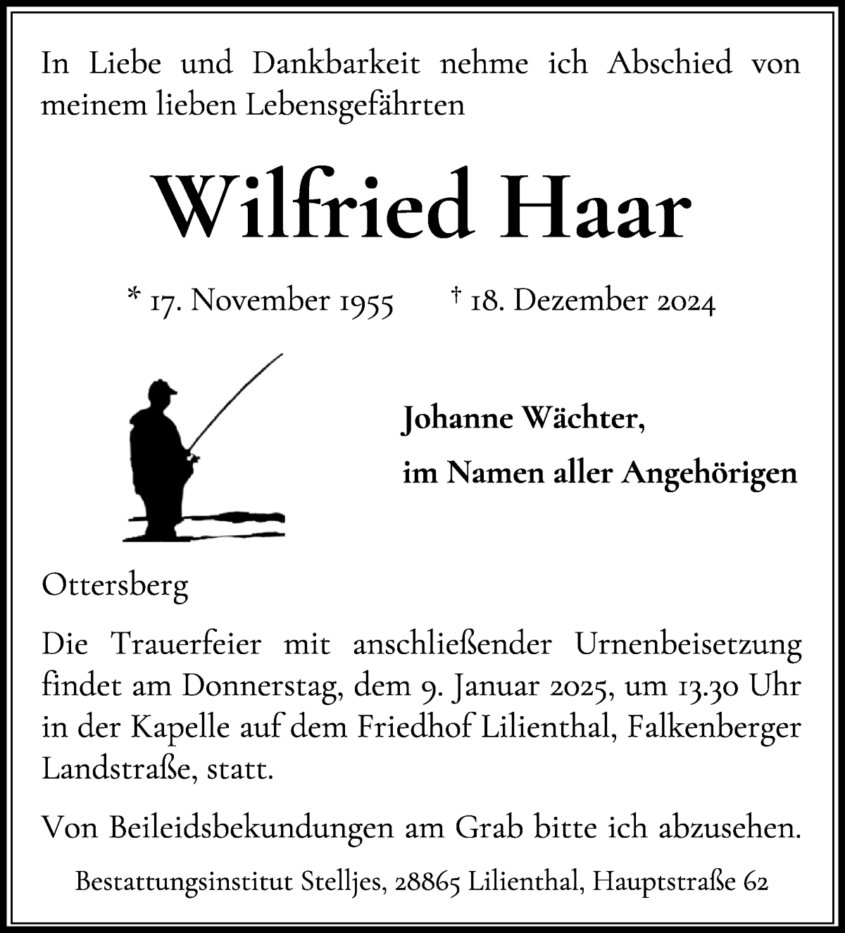 Traueranzeige von Wilfried Haar von Wuemme Zeitung