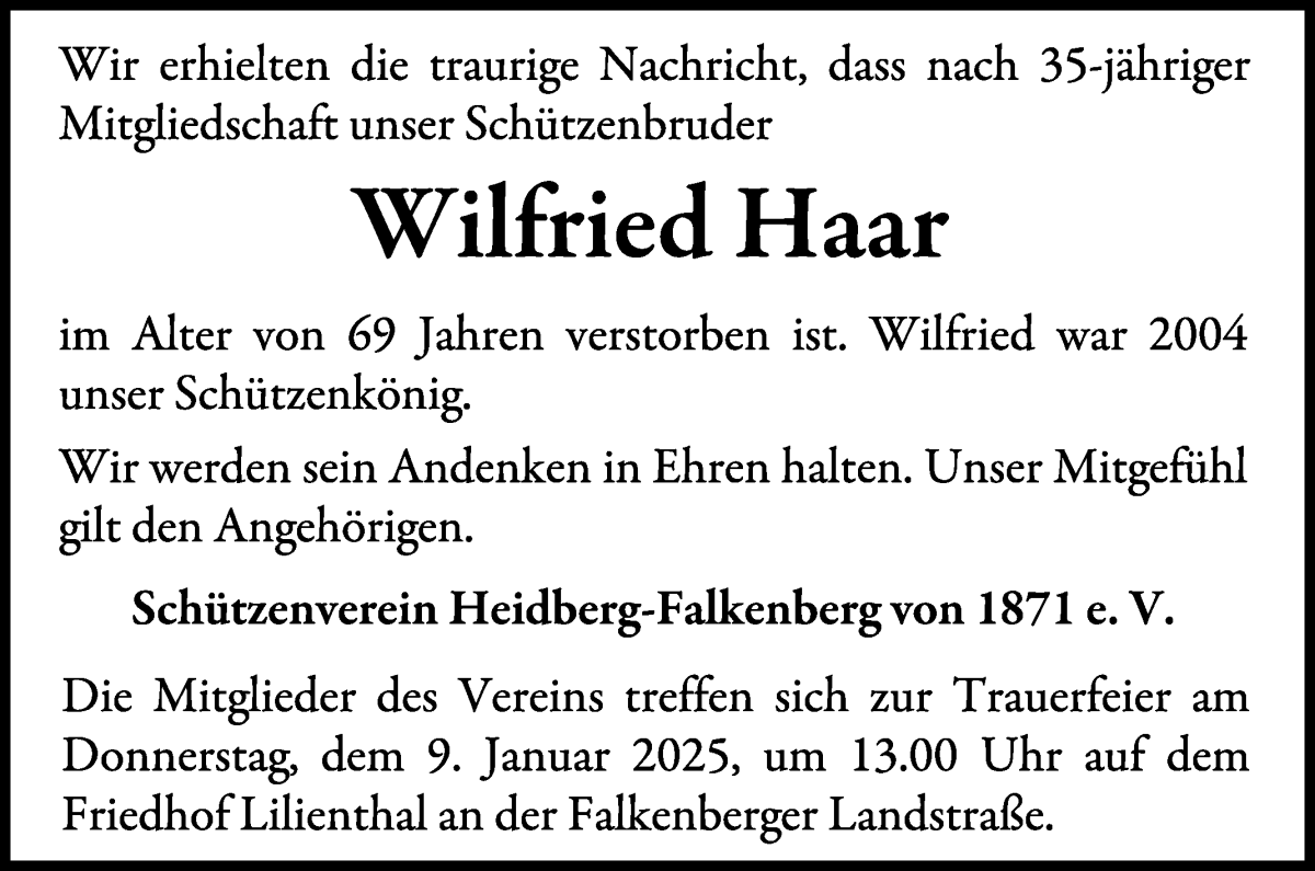 Traueranzeige von Wilfried Haar von Wuemme Zeitung