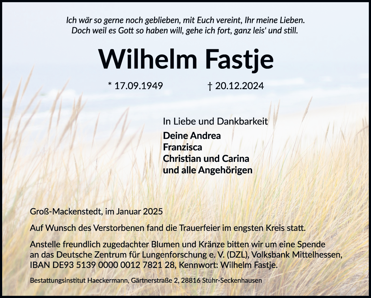 Traueranzeige von Wilhelm Fastje von Regionale Rundschau/Syker Kurier