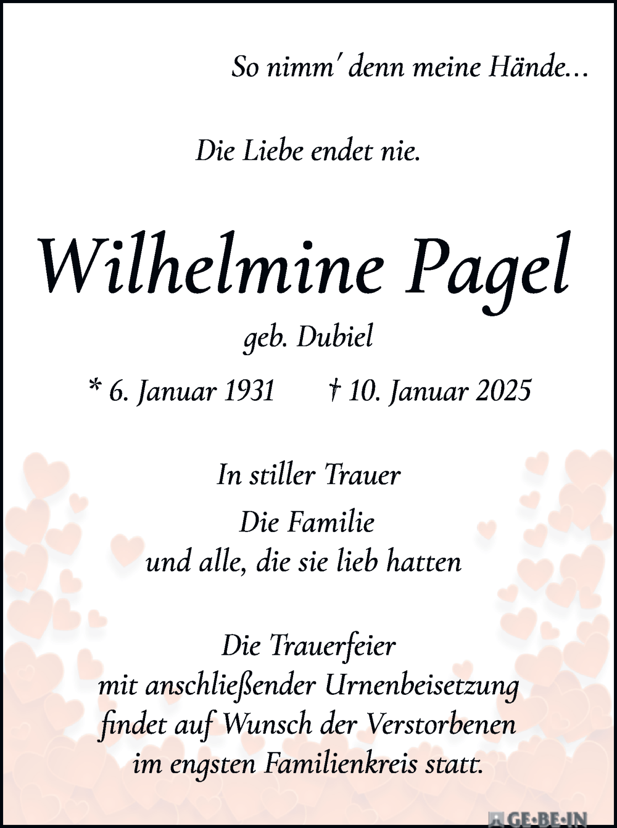 Traueranzeige von Wilhelmine Pagel von WESER-KURIER