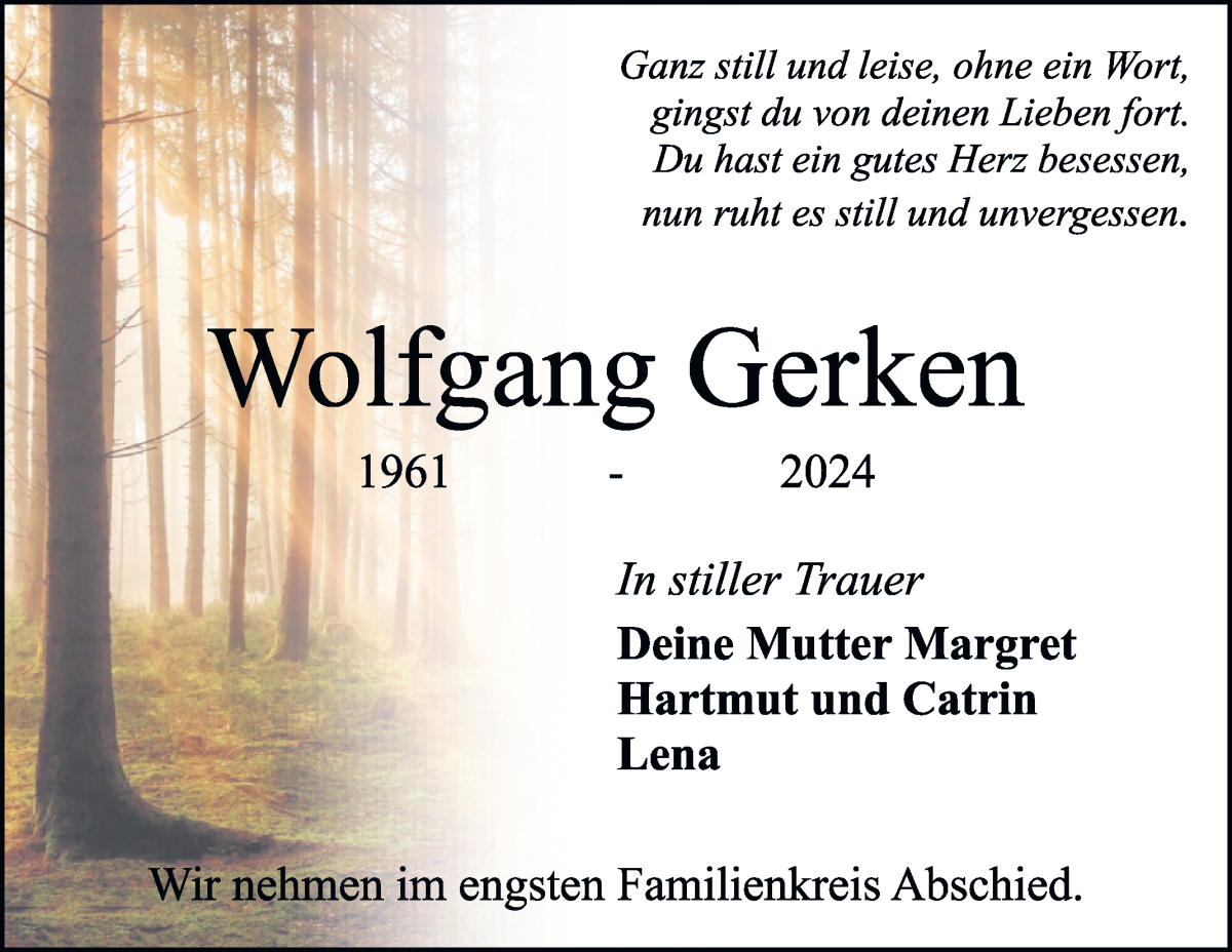 Traueranzeige von Wolfgang Gerken von Osterholzer Kreisblatt