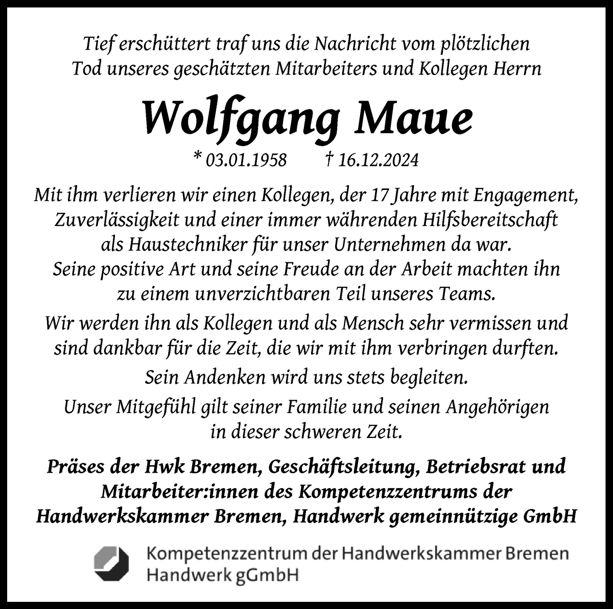 Traueranzeige von Wolfgang Maue von WESER-KURIER