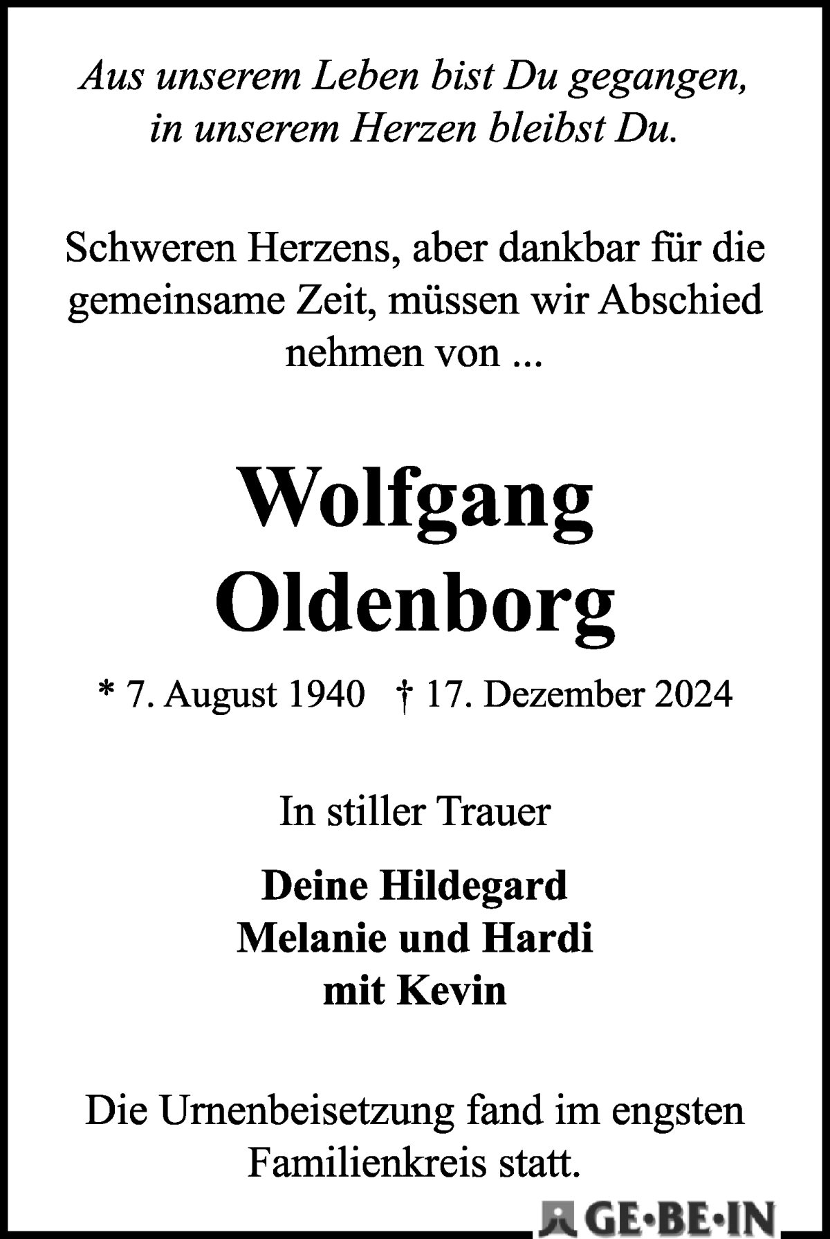 Traueranzeige von Wolfgang Oldenborg von Die Norddeutsche