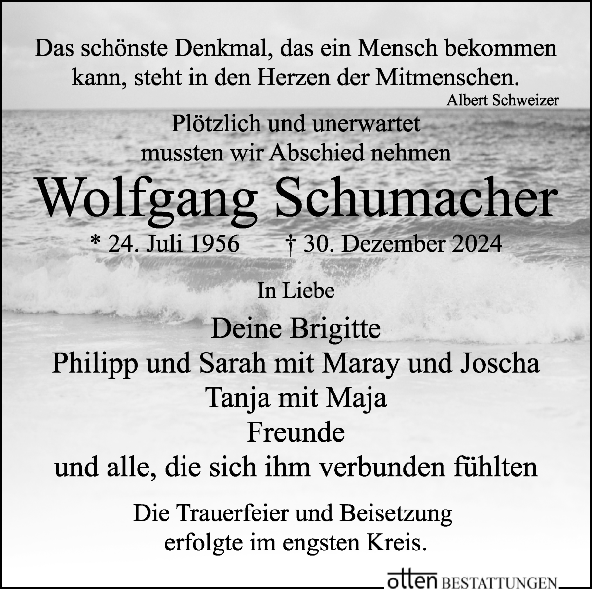 Traueranzeige von Wolfgang Schumacher von Osterholzer Kreisblatt