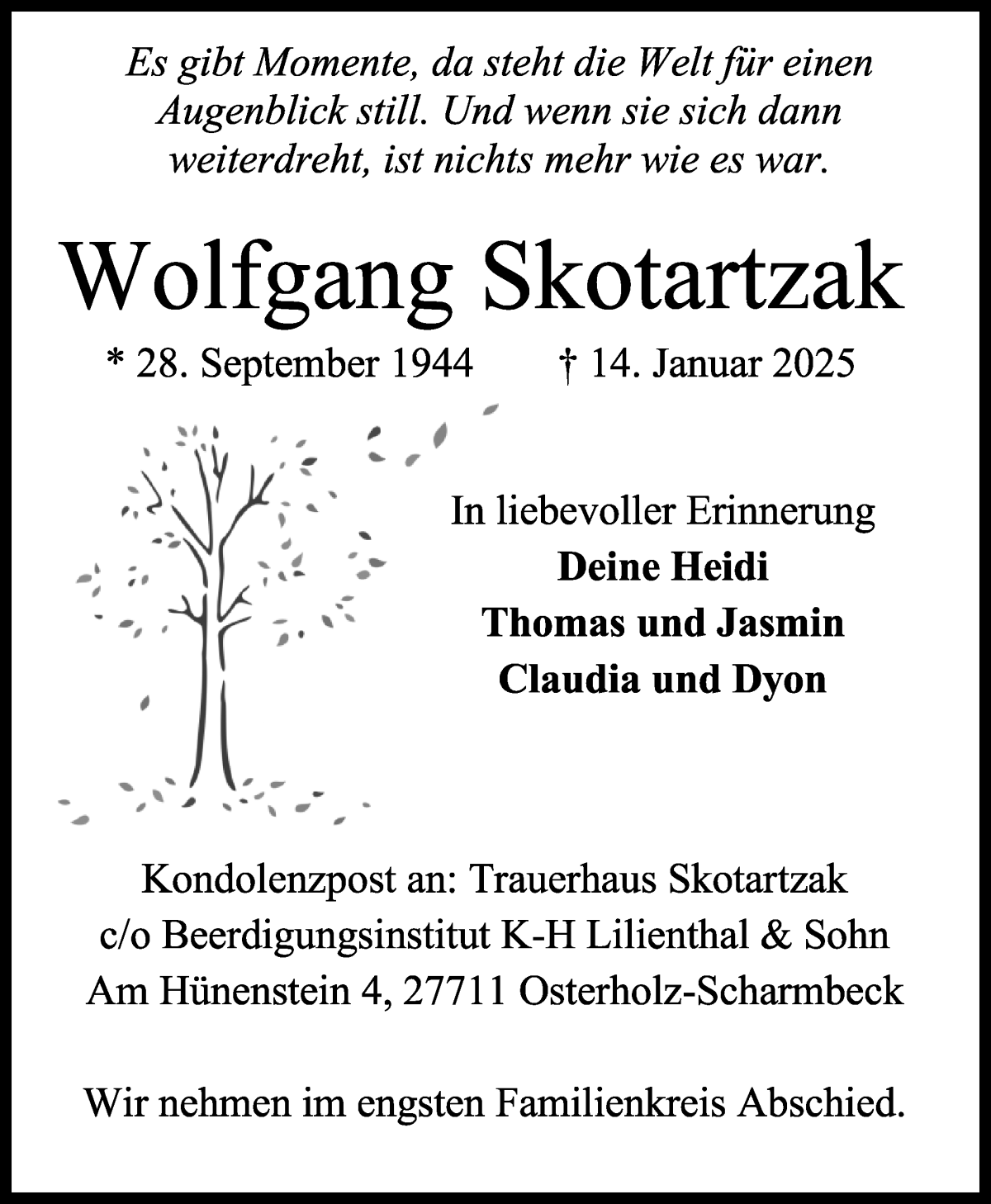 Traueranzeige von Wolfgang Skotartzak von Osterholzer Kreisblatt