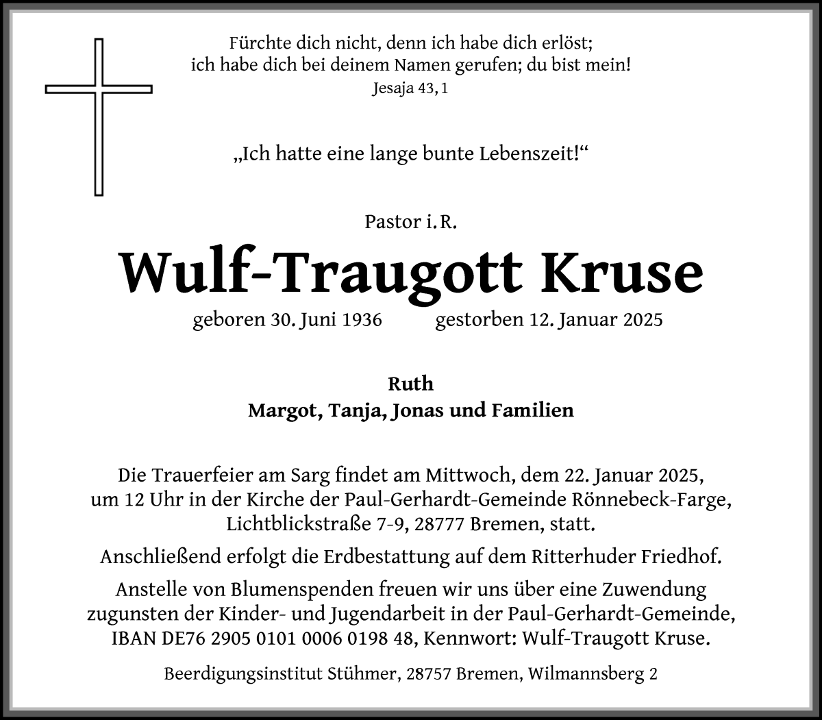 Traueranzeige von Wulf-Traugott Kruse von WESER-KURIER