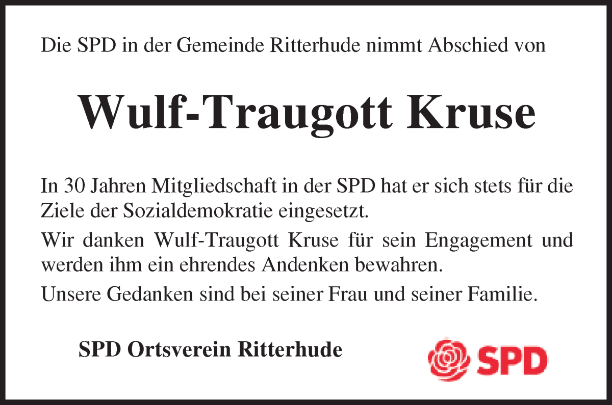 Traueranzeige von Wulf-Traugott Kruse von Osterholzer Kreisblatt