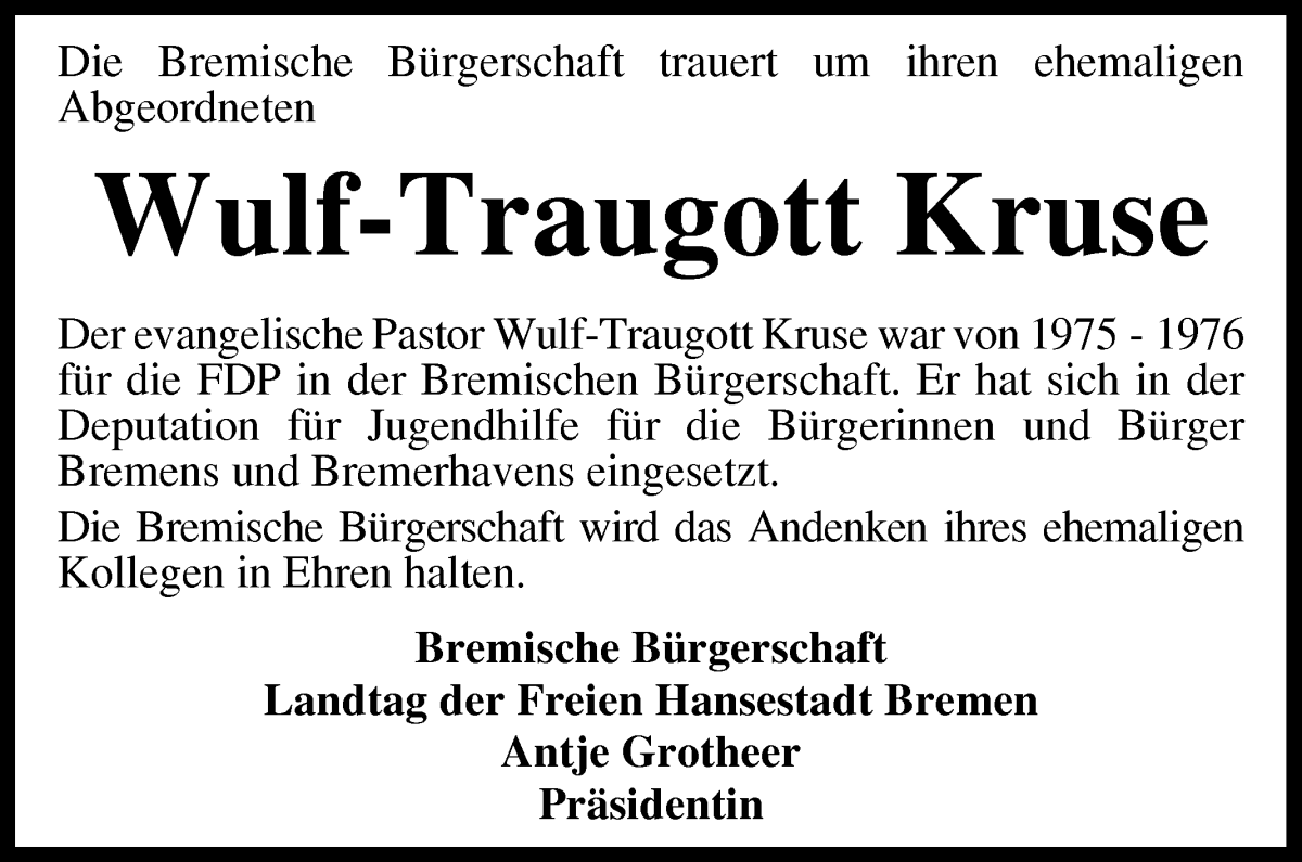 Traueranzeige von Wulf-Traugott Kruse von WESER-KURIER