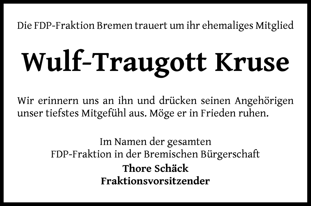 Traueranzeige von Wulf-Traugott Kruse von WESER-KURIER