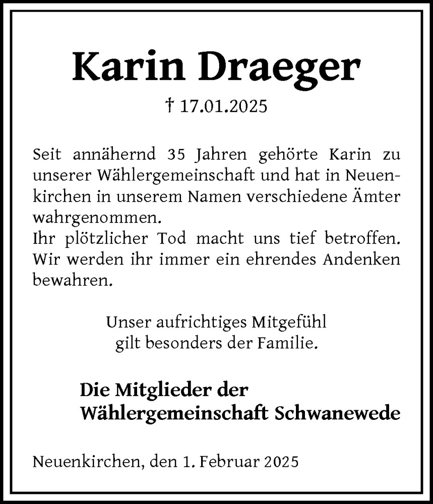 Traueranzeige von Karin Draeger von Die Norddeutsche